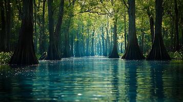 Serene Swamp Scene with Sunlight Filtering Through Cypress Trees. photo
