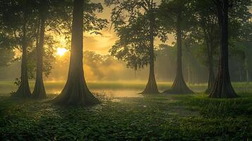 Misty morning sunbeams illuminate a swamp with ancient trees. Golden light filters through the dense foliage, creating an ethereal atmosphere. photo