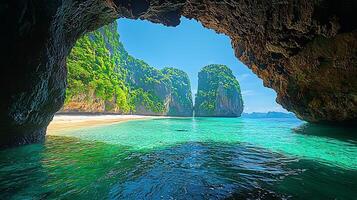 View of a tropical beach and limestone cliffs from inside a sea cave. photo