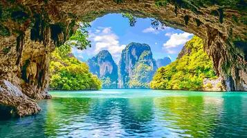 Hidden Cove Paradise with Limestone Cliffs and Turquoise Waters. View of lush green islands and dramatic karst formations through a cave opening. photo
