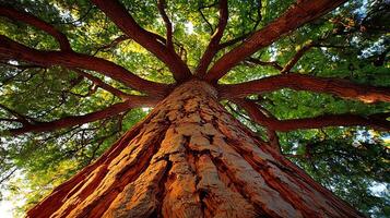 Majestic Tree Trunk Reaches Towards the Sky with Sunlight Filtering Through Leaves. photo
