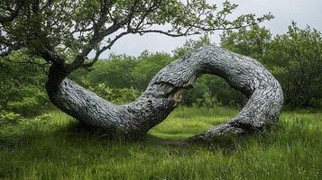 Unique naturally formed tree archway in a lush green meadow. photo