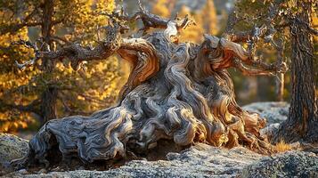 Ancient Gnarled Tree Trunk in Golden Hour Light. This image captures the intricate textures and twisted forms of an ancient tree trunk bathed in the warm glow of the golden hour sun. photo