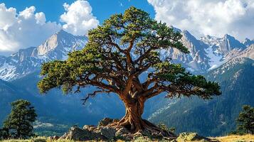 Majestic ancient tree stands before snow-capped mountains under a blue sky with fluffy clouds. photo