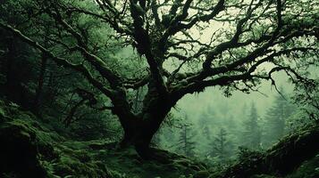 An ancient, moss covered tree with gnarled branches stands in a misty, verdant forest. The surrounding landscape is lush with foliage, creating a deep, atmospheric scene. photo