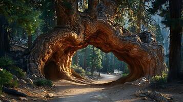 Ancient Tree Tunnel in a Sunlit Forest. A pathway leads through a natural archway formed by a massive, gnarled tree, bathed in warm sunlight filtering through the dense forest canopy. photo