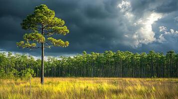 Dramatic sky over a solitary pine tree in a sunlit meadow. A dense forest borders the field under a sky filled with dark, moody clouds and a bright sunbeam. photo