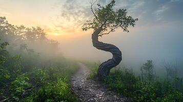 A twisted ancient tree stands sentinel beside a misty forest path bathed in the warm glow of sunrise. This atmospheric scene evokes a sense of mystery and natural beauty. photo