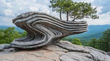 Ancient weathered rock formation with trees growing on top, overlooking a lush green valley. photo