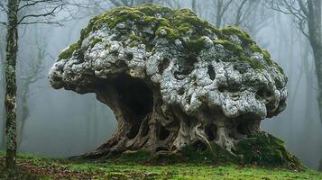 Ancient gnarled tree with mossy textured trunk in a misty forest. photo