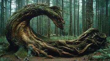 Mystical ancient tree root formation resembling a dragon in a misty forest. This unique natural sculpture evokes a sense of ancient power and enchantment within the woodland. photo