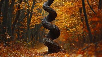 A twisted, dark tree trunk stands in a vibrant autumn forest with a carpet of fallen leaves. The surrounding trees are filled with warm, golden foliage, creating a magical and evocative scene. photo