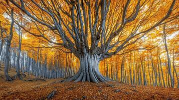 Majestic ancient tree with striking orange foliage in a sunlit autumn forest. photo