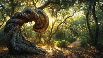 Ancient, Twisted Tree Trunk Illuminated by Golden Sunlight in a Forest Path. photo
