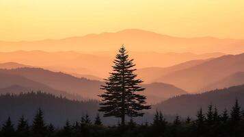 Serene mountain range layered with misty hues at sunrise, highlighting a lone evergreen tree. This breathtaking landscape captures the tranquil beauty of nature's dawn. photo