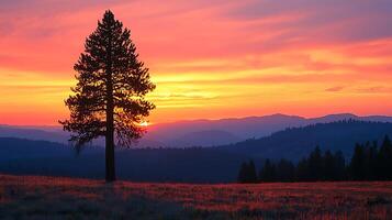 Lone Pine Tree Silhouetted Against a Fiery Sunset over Rolling Hills. This breathtaking image captures the serene beauty of nature during twilight. photo