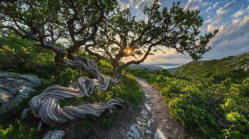 Twisted ancient tree branches frame a sunlit mountain path overlooking a serene vista. The golden hour light illuminates the rugged landscape, creating a sense of timeless beauty and adventure. photo