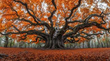 A majestic ancient oak tree adorned with vibrant autumn foliage. Its sprawling branches create a breathtaking canopy over a carpet of fallen leaves. photo