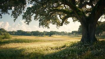 Majestic ancient oak tree casting dappled sunlight over a meadow filled with wildflowers. This idyllic scene evokes a sense of peace and natural beauty. photo
