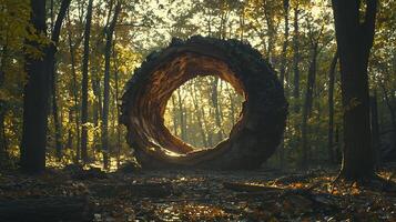 A circular tree trunk portal frames a sunlit forest scene with golden light. photo