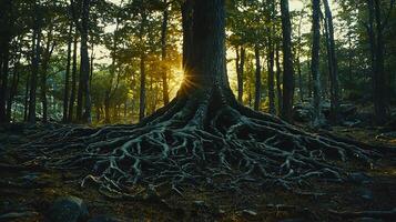 Ancient Tree Roots Emerge with Golden Sunbeams Filtering Through Forest Canopy. photo