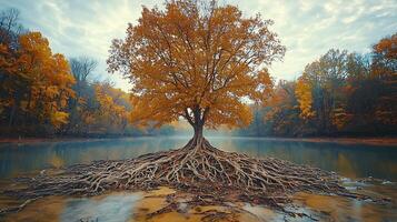 A majestic ancient tree with exposed roots stands by a tranquil lake during autumn. The vibrant foliage surrounding the water creates a picturesque and serene natural landscape. photo