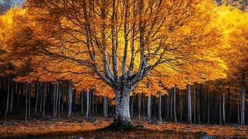 Majestic Autumn Tree with Vibrant Orange Foliage in a Forest Setting. photo