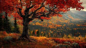 Majestic Autumn Tree Overlooking a Fiery Mountain Landscape. Experience the vibrant colors of fall in this breathtaking mountain vista, featuring an ancient tree bathed in golden light. photo
