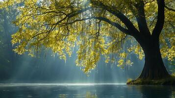 Serene lake bathed in golden sunlight, with a majestic tree's branches reaching towards the water. Sunbeams pierce through the foliage, creating an ethereal and tranquil atmosphere. photo