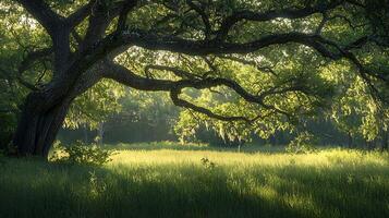 Ancient Oak Tree Branches Over a Sunlit Meadow. photo