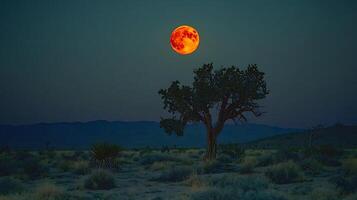 A solitary tree stands beneath a dramatic, fiery full moon in a desert landscape. The warm, crimson glow of the celestial body illuminates the arid terrain and cast long shadows. photo