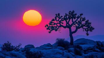 Joshua Tree silhouetted against a vibrant desert sunset. The striking colors of the sky create a dramatic backdrop for the iconic flora and rugged terrain. photo