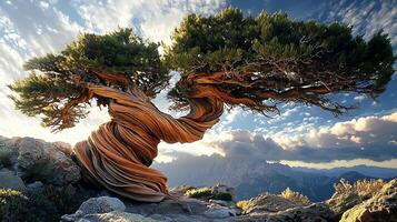 Ancient twisted tree against a dramatic mountain backdrop at sunset. This resilient natural form showcases the beauty and power of the environment. photo
