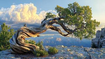 Ancient gnarled juniper tree clinging to a rugged cliff edge with dramatic sunset clouds. photo