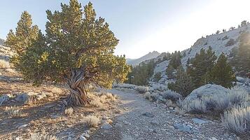 Rugged mountain path winds through a landscape with ancient trees and rocky terrain. photo