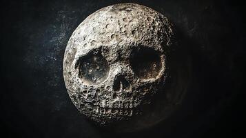 Eerie Moon Skull with Dark, Textured Background. This surreal image depicts a celestial body transformed into a macabre skull, set against a deep, atmospheric void. photo