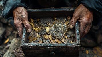 Close up of weathered hands holding an ancient treasure chest filled with gold coins and artifacts. photo