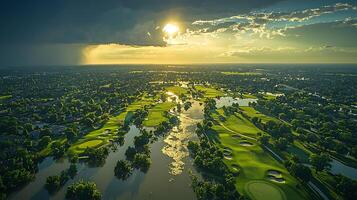 Aerial view of a flooded golf course at sunset with dramatic storm clouds. photo