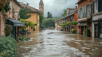 Flooded European Street with Old Buildings and a Clock Tower. This image captures the impact of flooding on a charming town, with water engulfing the street and surrounding architecture. photo