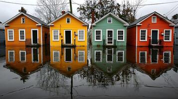 Colorful houses submerged in floodwaters reflect the overcast sky and bare trees. photo