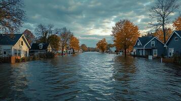 Flooded suburban street during autumn with reflections in the water. photo