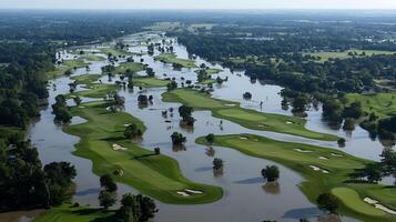 Aerial view of a golf course significantly flooded, with water covering fairways and greens. Trees and sand traps are submerged, highlighting the impact of heavy rain and overflow. photo