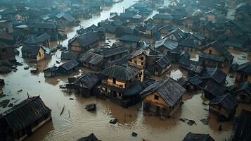 Aerial view of a densely populated settlement submerged in muddy floodwaters. The scene depicts the widespread impact of a natural disaster on a community. photo
