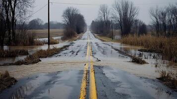 Flooded Rural Road with Overgrown Banks and Bare Trees. This scene captures the impact of water on infrastructure and nature, highlighting a desolate, weather-affected landscape. photo