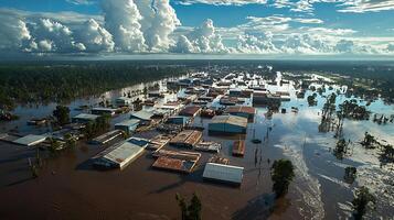 Aerial view of a town submerged by floodwaters under a dramatic sky. This image captures the devastating impact of flooding on a community, with buildings surrounded by murky brown water and debris. photo