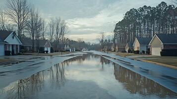 Suburban street flooded with reflections of bare trees and overcast sky. photo