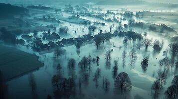 Aerial view of a village submerged in floodwaters, with bare trees and mist creating an ethereal atmosphere. This surreal landscape captures the beauty and power of nature's forces. photo