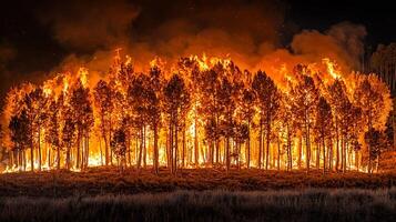 Forest engulfed in a raging inferno under the night sky. A landscape consumed by uncontrollable flames and smoke. photo