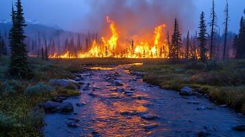 Wildfire illuminates a mountain stream at dusk, reflecting the fiery blaze. The dramatic scene captures the raw power of nature with burning trees and smoke filling the twilight sky. photo