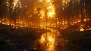 A raging forest fire illuminates the sky with intense orange light, reflecting in the calm waters of a nearby stream. photo